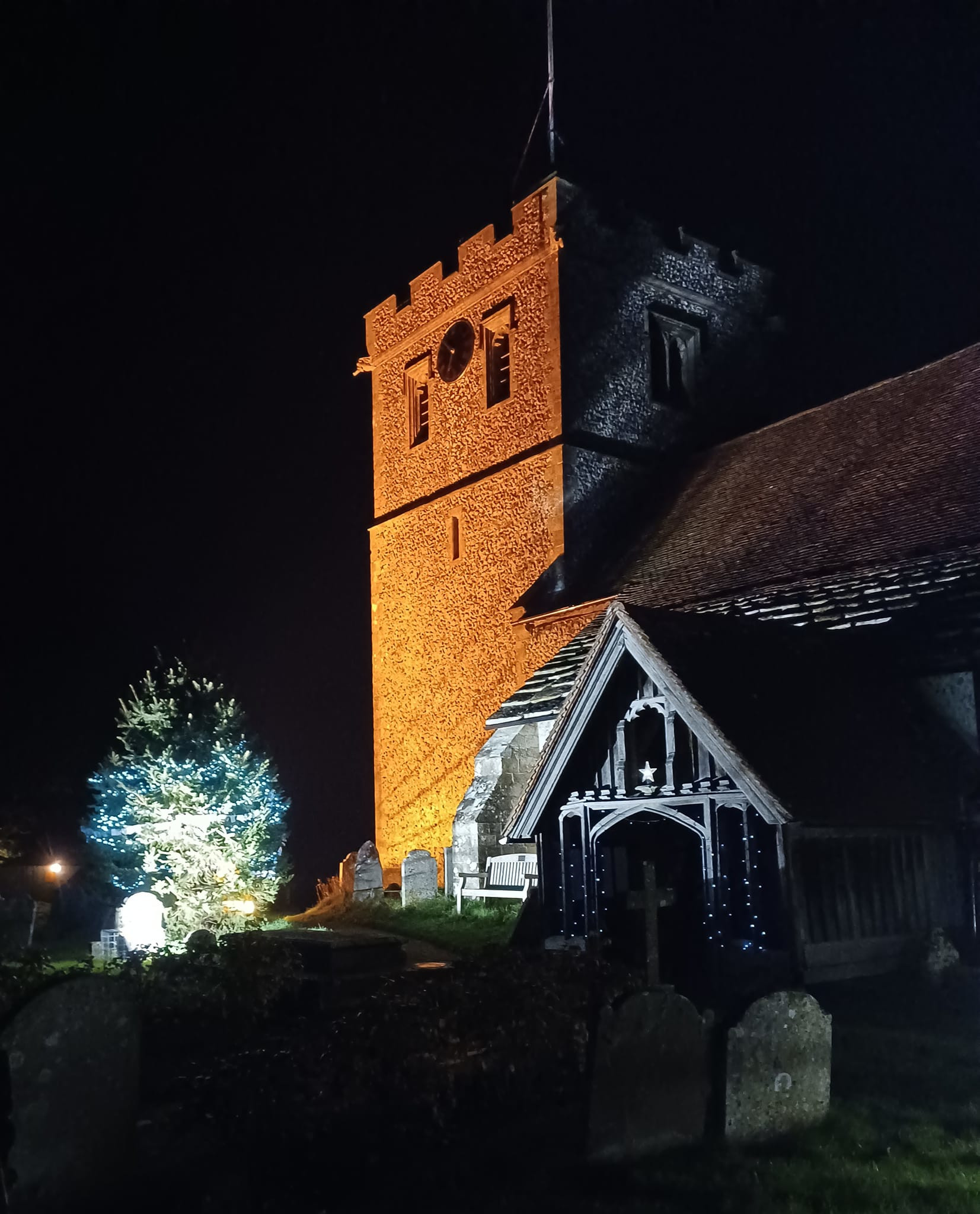 flood lit Christmas church